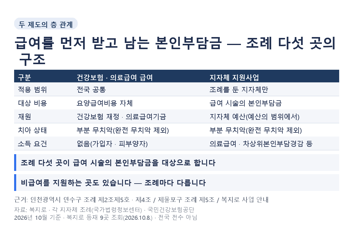 건강보험 급여와 지자체 지원사업의 2층 구조, 급여를 먼저 받고 남는 본인부담금을 조례 다섯 곳이 지원